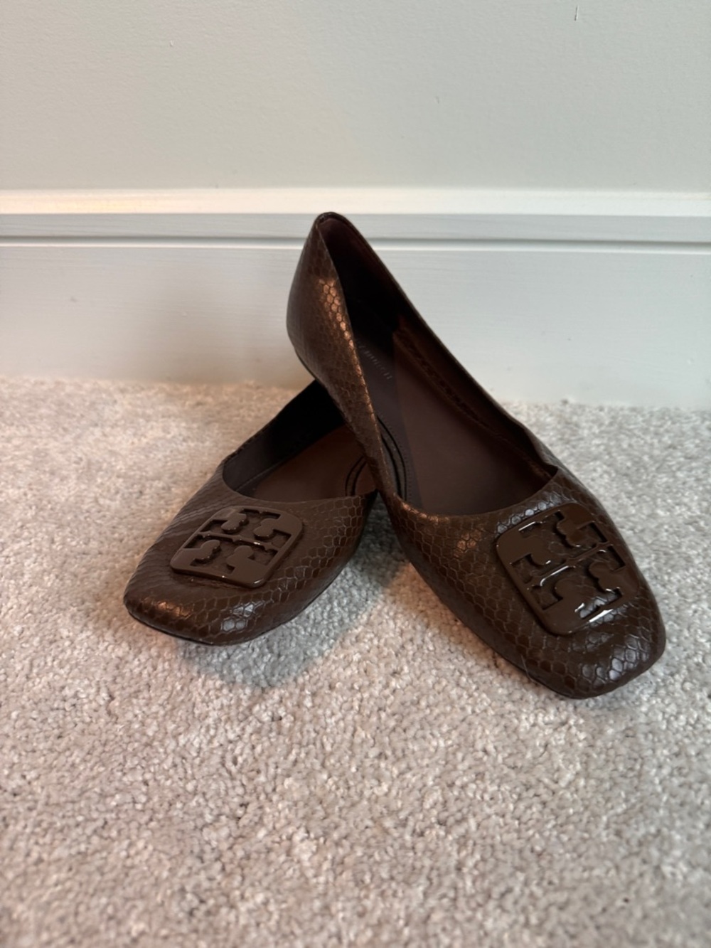 Tory Burch Dark Brown Snakeskin-Textured Logo Flats